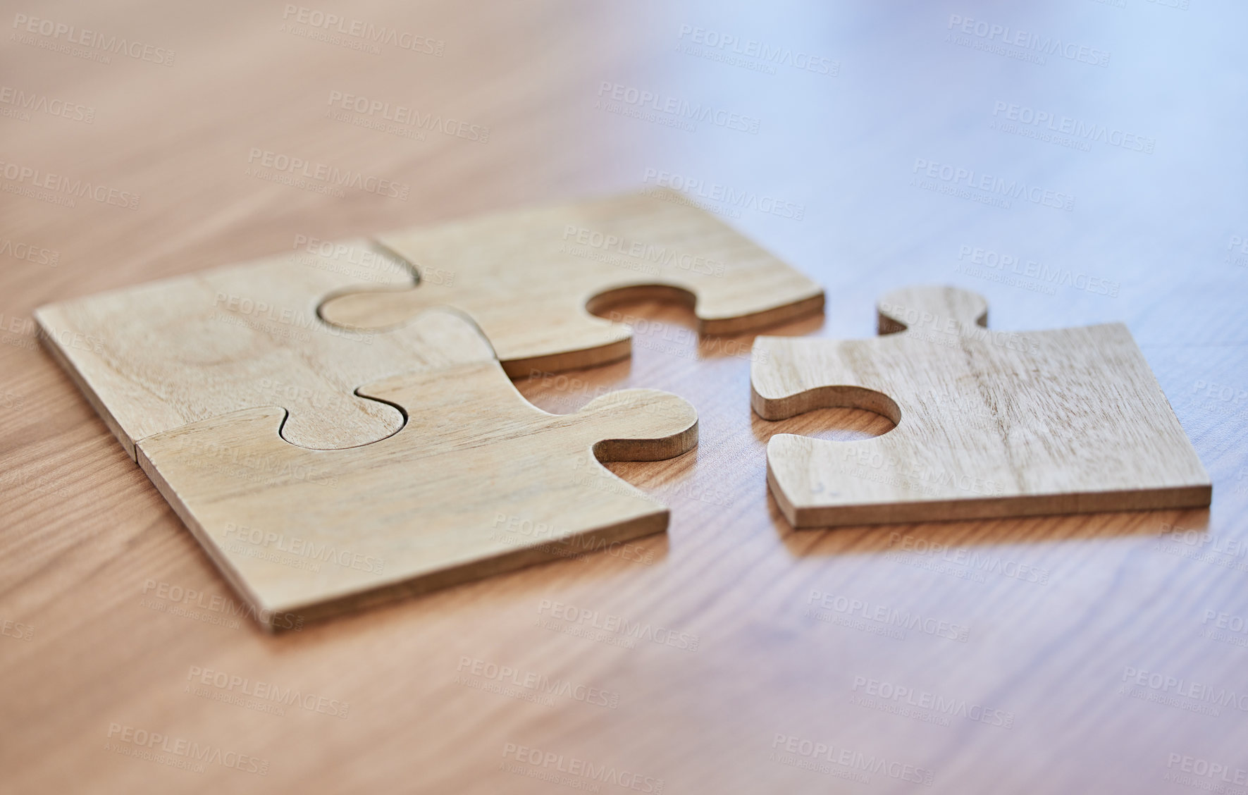 Buy stock photo Abstract, strategy, puzzle on desk in office closeup for creative career, game or solution. Development, planning and vision with jigsaw pieces on wooden table in workplace for business challenge