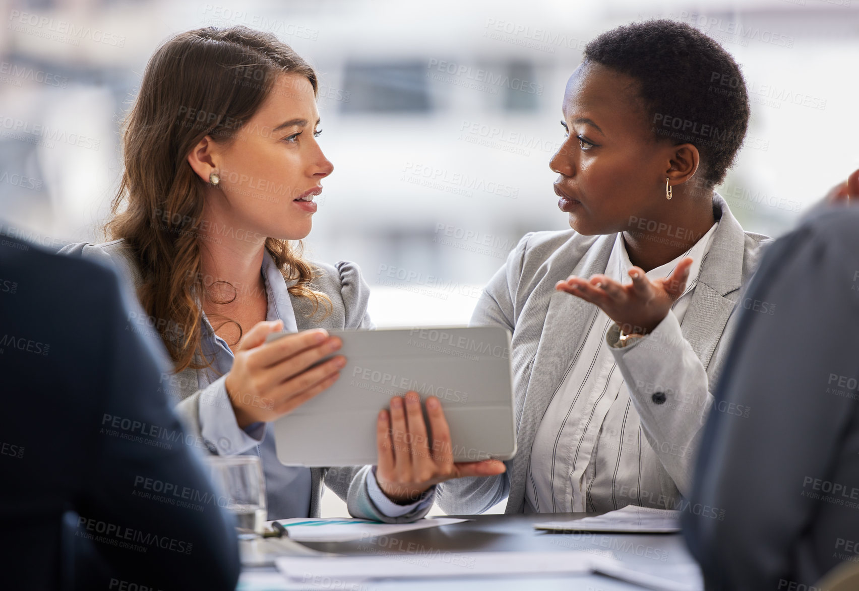 Buy stock photo Business meeting, tablet and serious women in office for economy research, planning or solution discussion. Finance, inflation and accountant team with digital, checklist or risk management research
