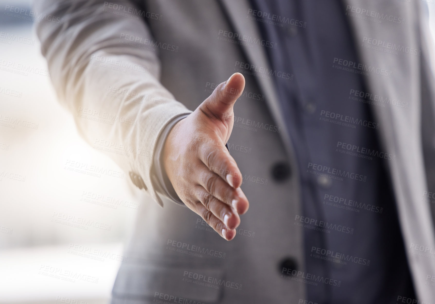 Buy stock photo Closeup, handshake offer and welcome to office for introduction, greeting or thank you. Person shaking hands, opportunity and deal for b2b partnership agreement, business contract or collaboration