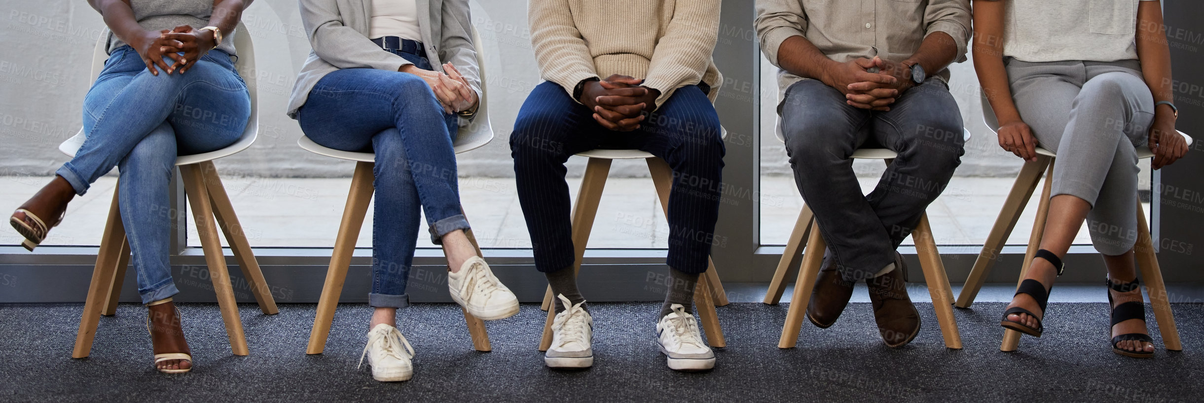 Buy stock photo Business people, legs and waiting room with line for interview, career or job opportunity at office. Group of employees, interns or candidates in row on chairs or banner for meeting at workplace