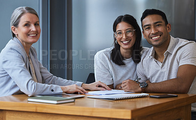 Buy stock photo Advisor, paperwork and married couple in office, meeting and life insurance broker for future investment. Consultant, client and signing for safety or security, happy people and assurance for loan