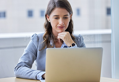 Buy stock photo Laptop, reading and business woman in office with research for corporate company stock investment. Thinking, technology and female financial analyst working on finance budget report on computer.