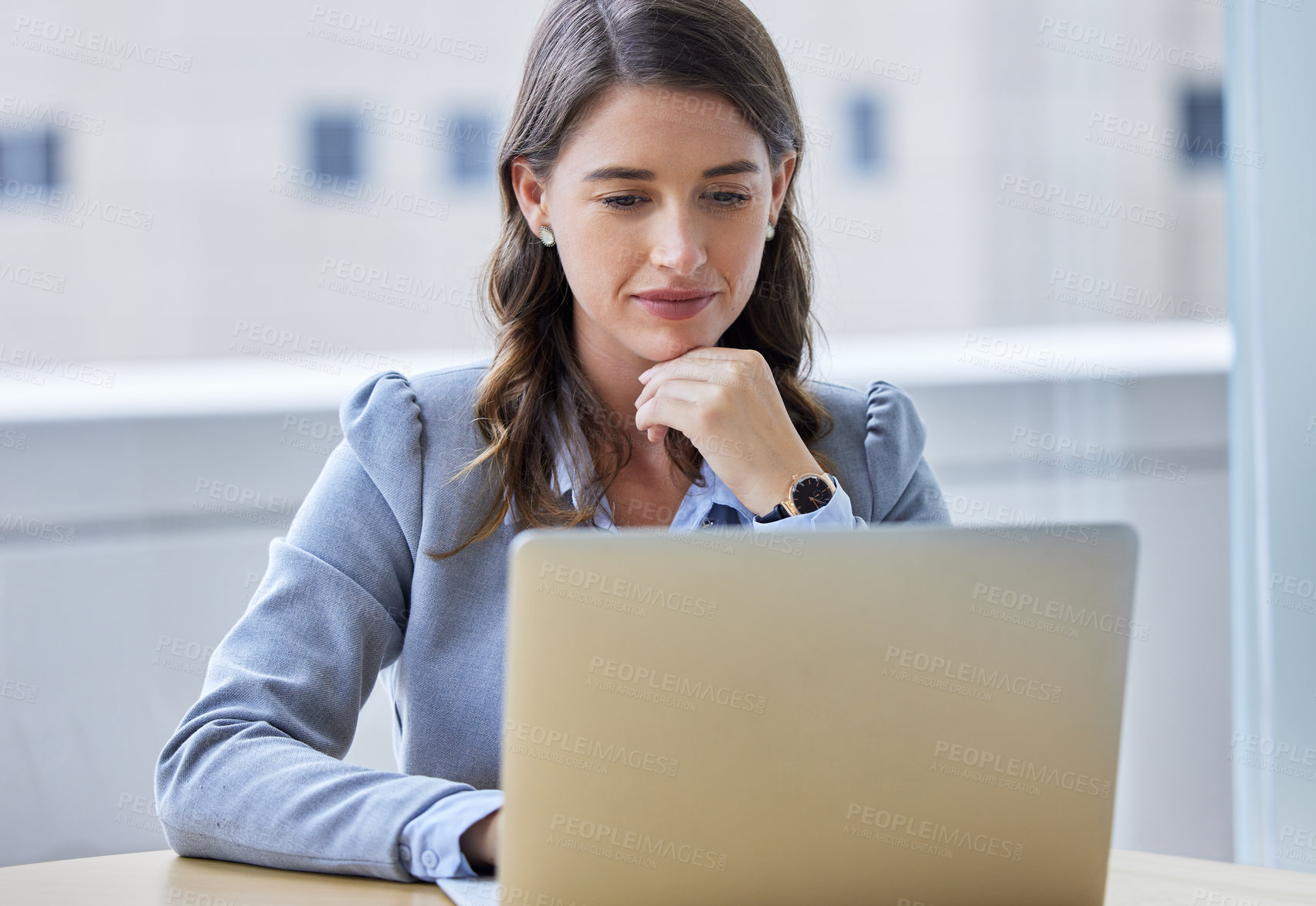 Buy stock photo Laptop, reading and business woman in office with research for corporate company stock investment. Thinking, technology and female financial analyst working on finance budget report on computer.