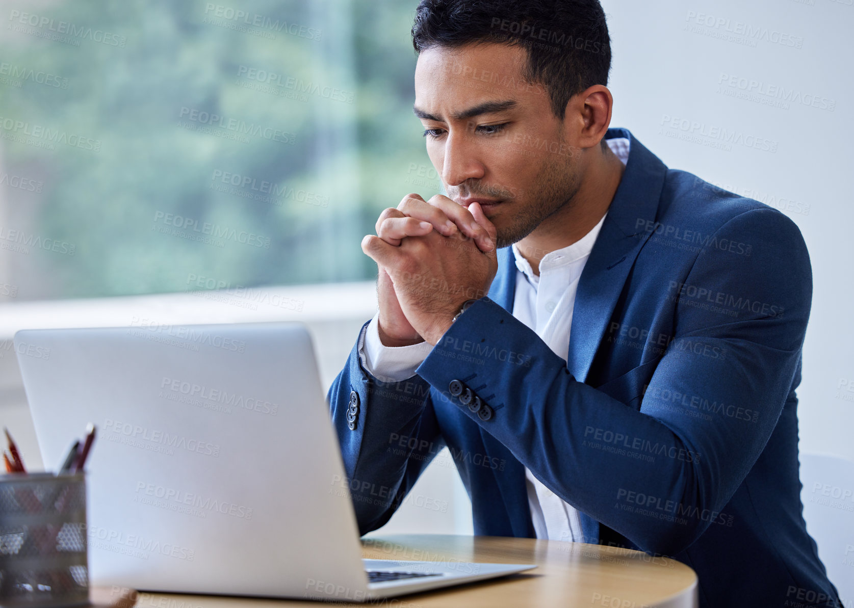 Buy stock photo Businessman, thinking and laptop for reading, research and online video call in office. Technology, internet and brainstorming for webinar, trading and stock market conference for strategy or plan 