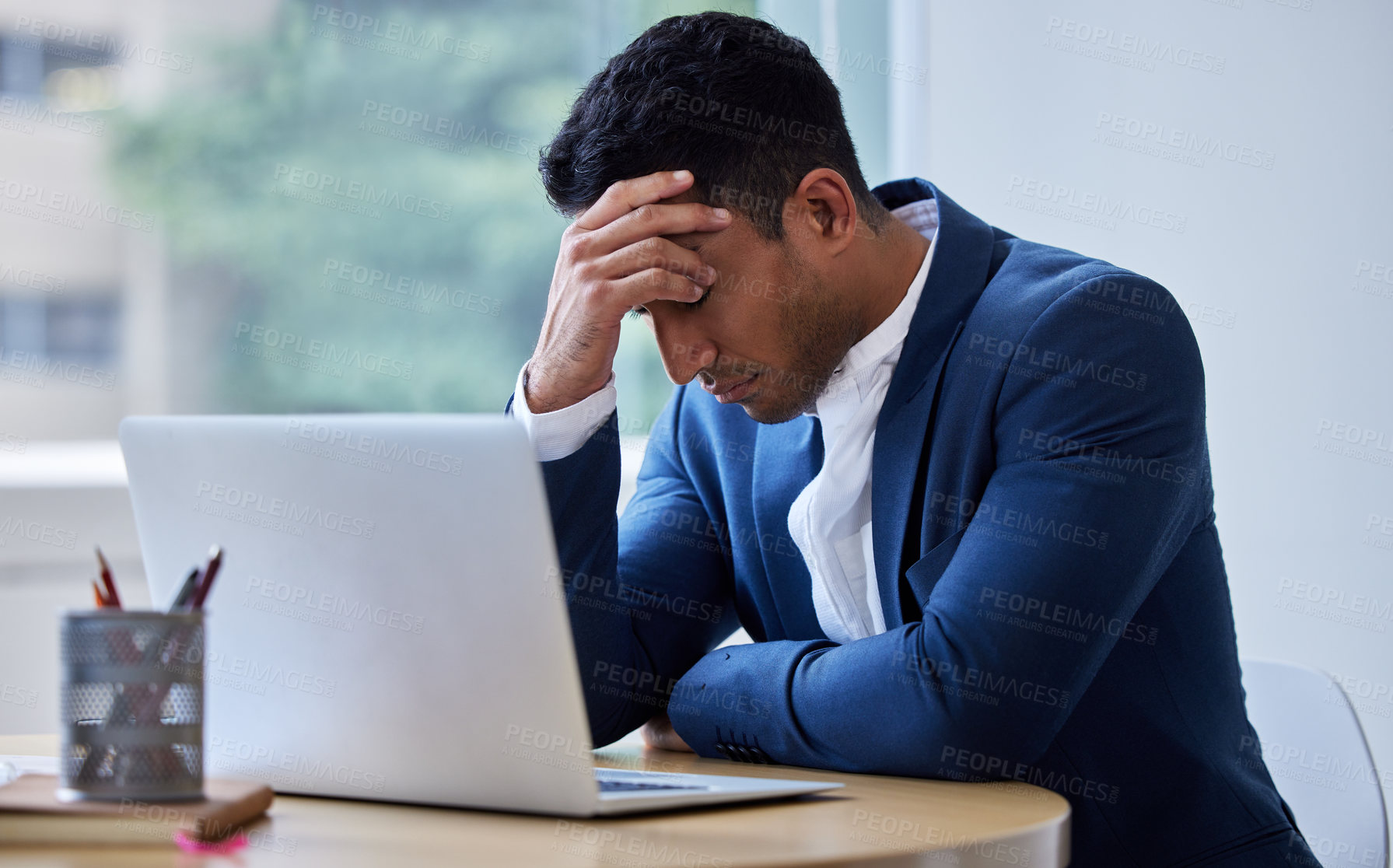 Buy stock photo Headache, stress and business man on laptop in office with burnout, taxes and reading bad news of bankruptcy email. Depression, migraine and professional with fatigue, anxiety and financial crisis