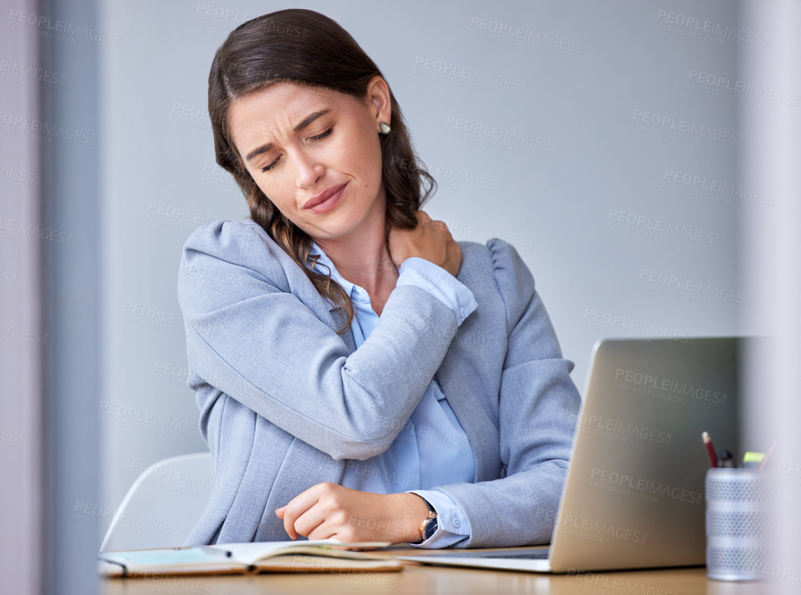 Buy stock photo Office, business and woman with neck pain, burnout and tired for overtime as content writer. Workspace, female journalist and stress for deadline of political story, copywriting and online blog