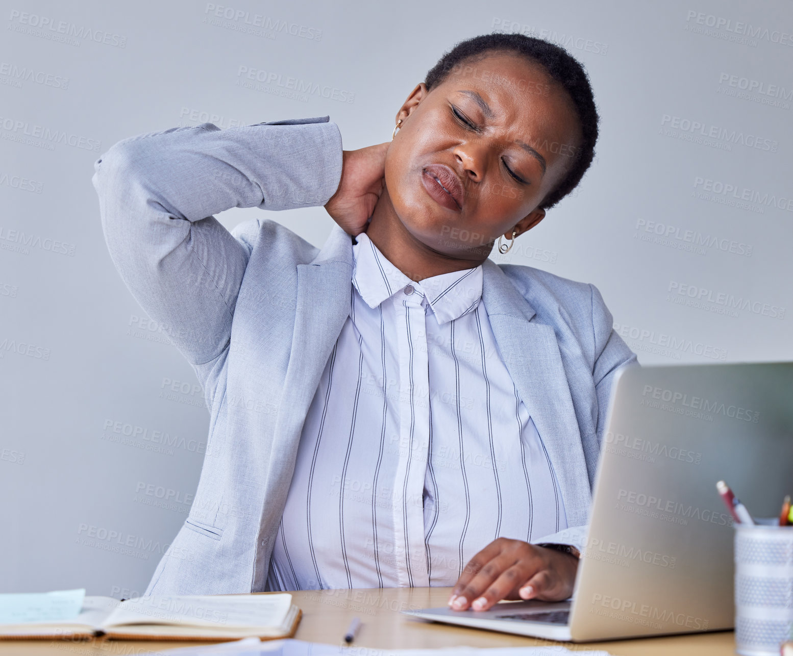 Buy stock photo Office, business and black woman with neck pain, burnout and tired for overtime as content writer. Workspace, female journalist and stress for deadline of political story, copywriting and online blog