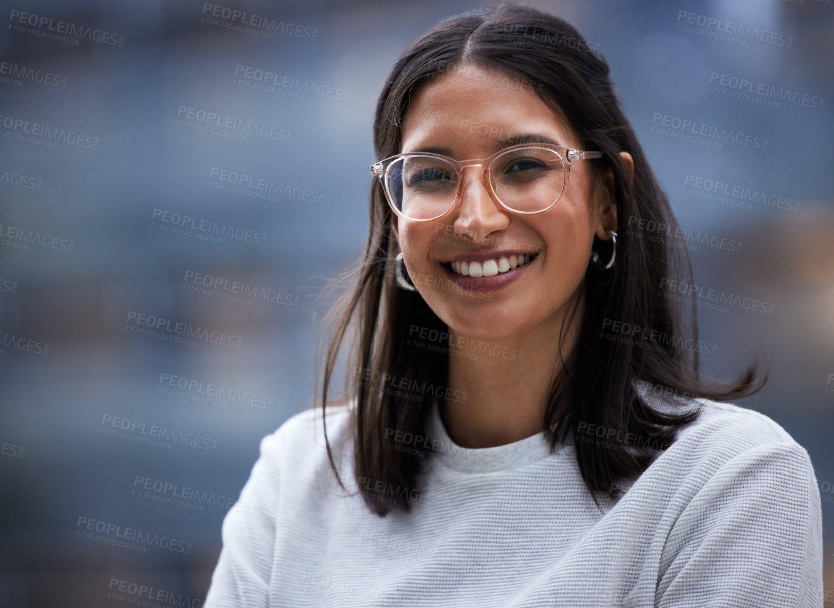 Buy stock photo Woman, portrait and smile with glasses in closeup, entrepreneur and vision for career. Designer, happiness and worker with confidence on break in city for relax in town with professional in New York.