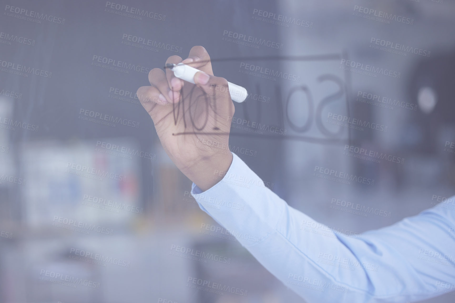 Buy stock photo Shot of an unrecognizable businessman having a brainstorming session on a glass screen in an office