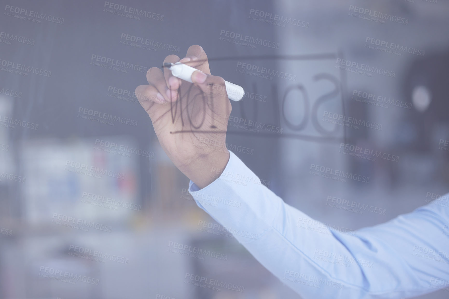 Buy stock photo Shot of an unrecognizable businessman having a brainstorming session on a glass screen in an office