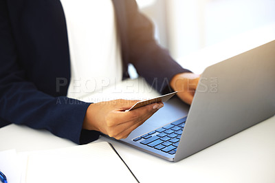 Buy stock photo Credit card, computer and business man hands of online shopping, financial payment and banking or loan in office. Professional person typing on laptop, digital transaction or bank fintech or website
