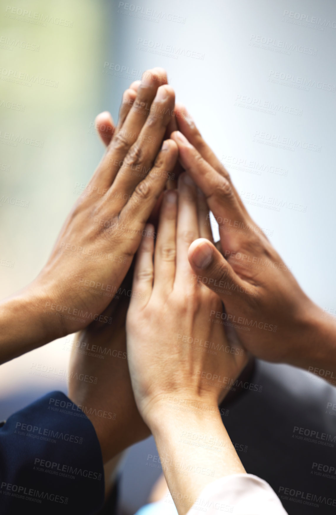 Buy stock photo High five, success and hands of employees for team building, meeting or collaboration. Unity, diversity and closeup of group of business people in celebration of goals, achievement or teamwork.
