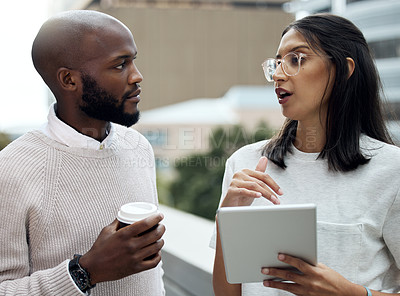 Buy stock photo Teamwork, tablet and business people in city in meeting for planning, online networking or internet. Collaboration, discussion and man and woman on digital tech for research, website or email in town