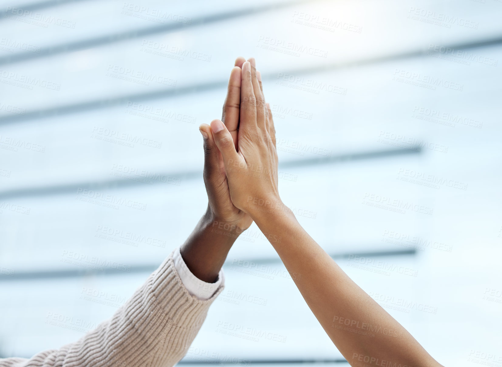 Buy stock photo Hands, high five and success with business people in office for motivation, support or unity. Bonus, goals and target with employee team closeup in workplace for celebration of deal or promotion