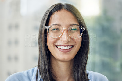 Buy stock photo Cropped portrait of an attractive young businesswoman standing on the balcony of her office