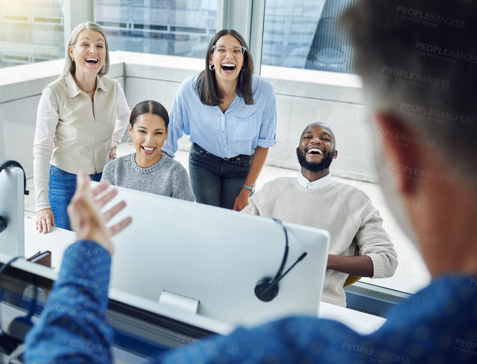 Buy stock photo Group, leadership and happy in presentation at call center for workers. Meeting, training and communication to team of colleagues discussing or laughing, funny and brainstorm or planning in company