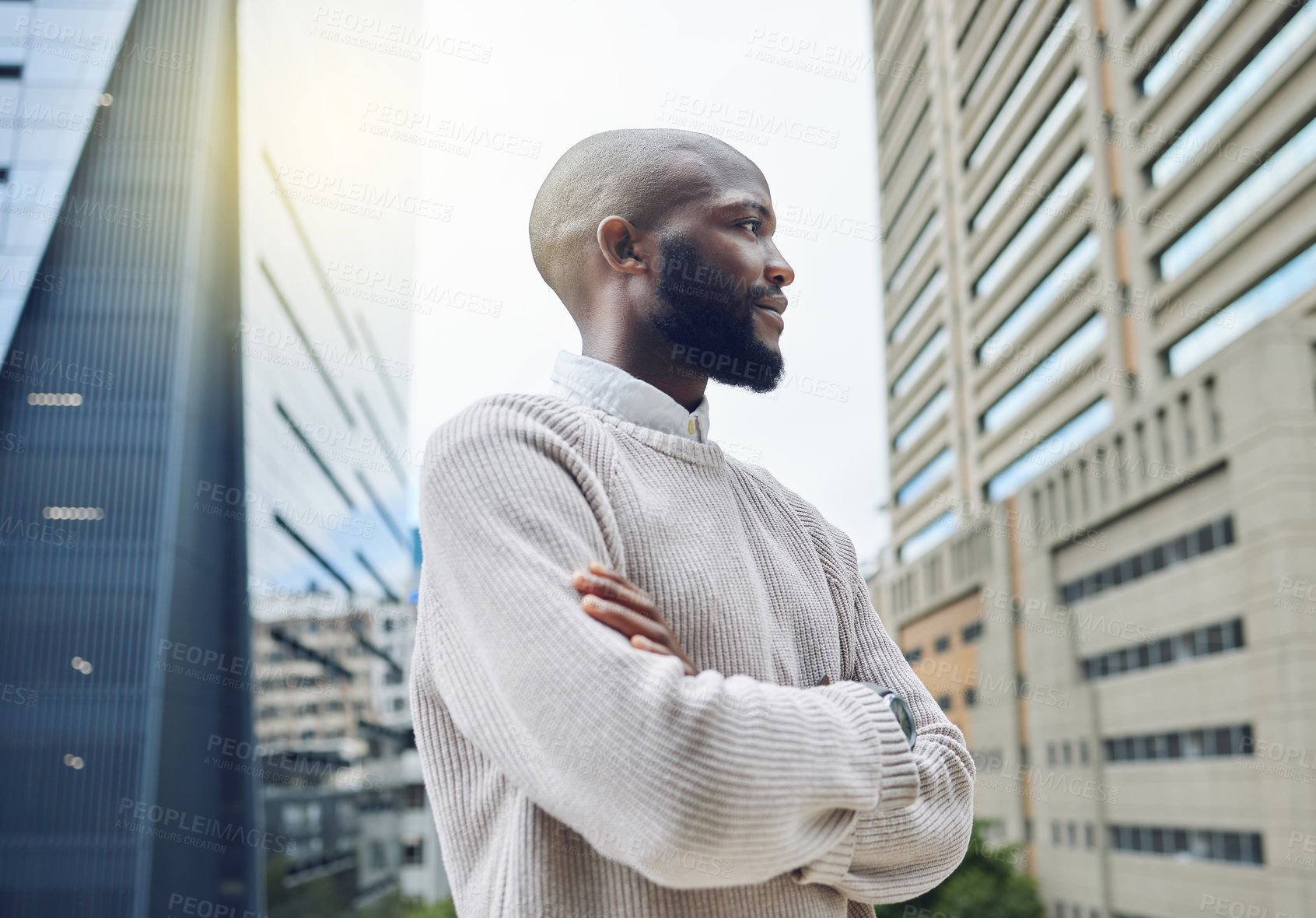 Buy stock photo Black man, confident and thinking in city, employee and planning for career or job opportunity. Male person, arms crossed and consultant contemplating in town, urban and professional for outdoor idea