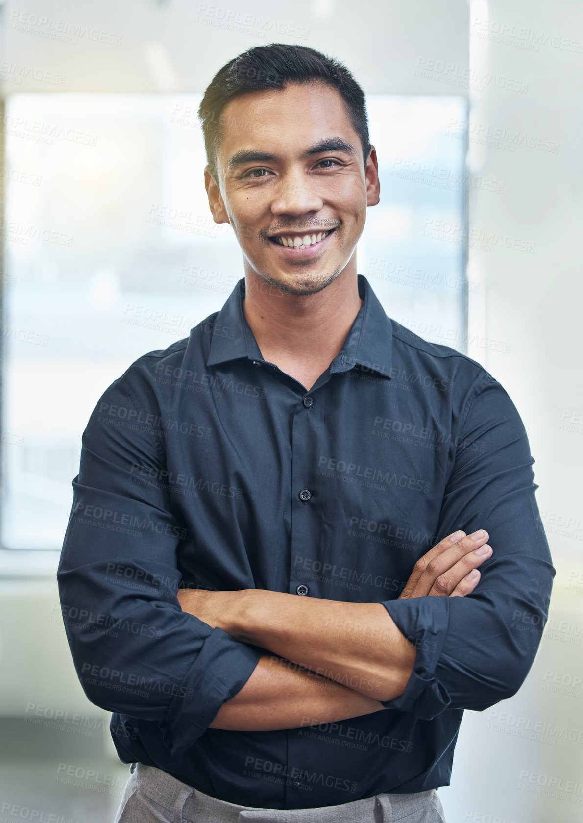 Buy stock photo Smile, crossed arms and portrait of businessman in office with entrepreneur person for startup. Pride, professional and happy male web developer with creative company in workplace for career.