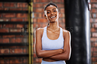 Buy stock photo Woman, fitness and portrait in gym for exercise, cardio training and wellness for activity. Indian lady, smile and confident for workout, muscle and sports for health for wellbeing for female athlete