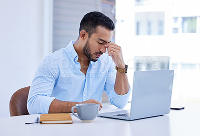 Buy stock photo Headache, stress and business man on computer with mental health problem, burnout or fatigue in office. Brain fog, tired and pain or migraine of corporate person on laptop for mistake, debt or crisis
