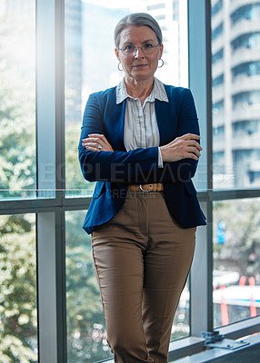Buy stock photo Arms crossed, portrait or mature businesswoman in office for professional mindset, ambition or empowerment. Ready, corporate worker and face of manager for career opportunity, job or work for company