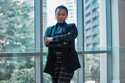 Buy stock photo African Businesswoman, serious and portrait for career or project management in modern office building in city. Professional person, assertive and confident for affirmative action or job in pride
