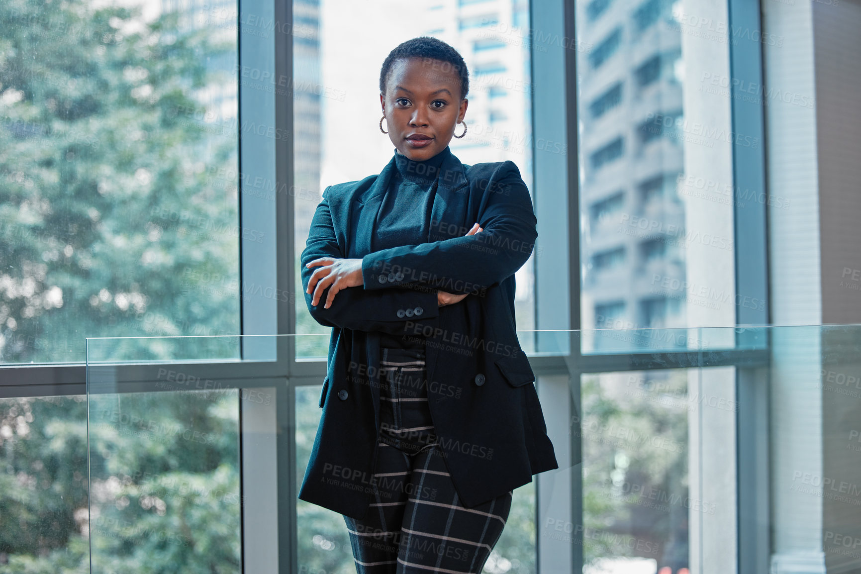 Buy stock photo African Businesswoman, serious and portrait for career or project management in modern office building in city. Professional person, assertive and confident for affirmative action or job in pride