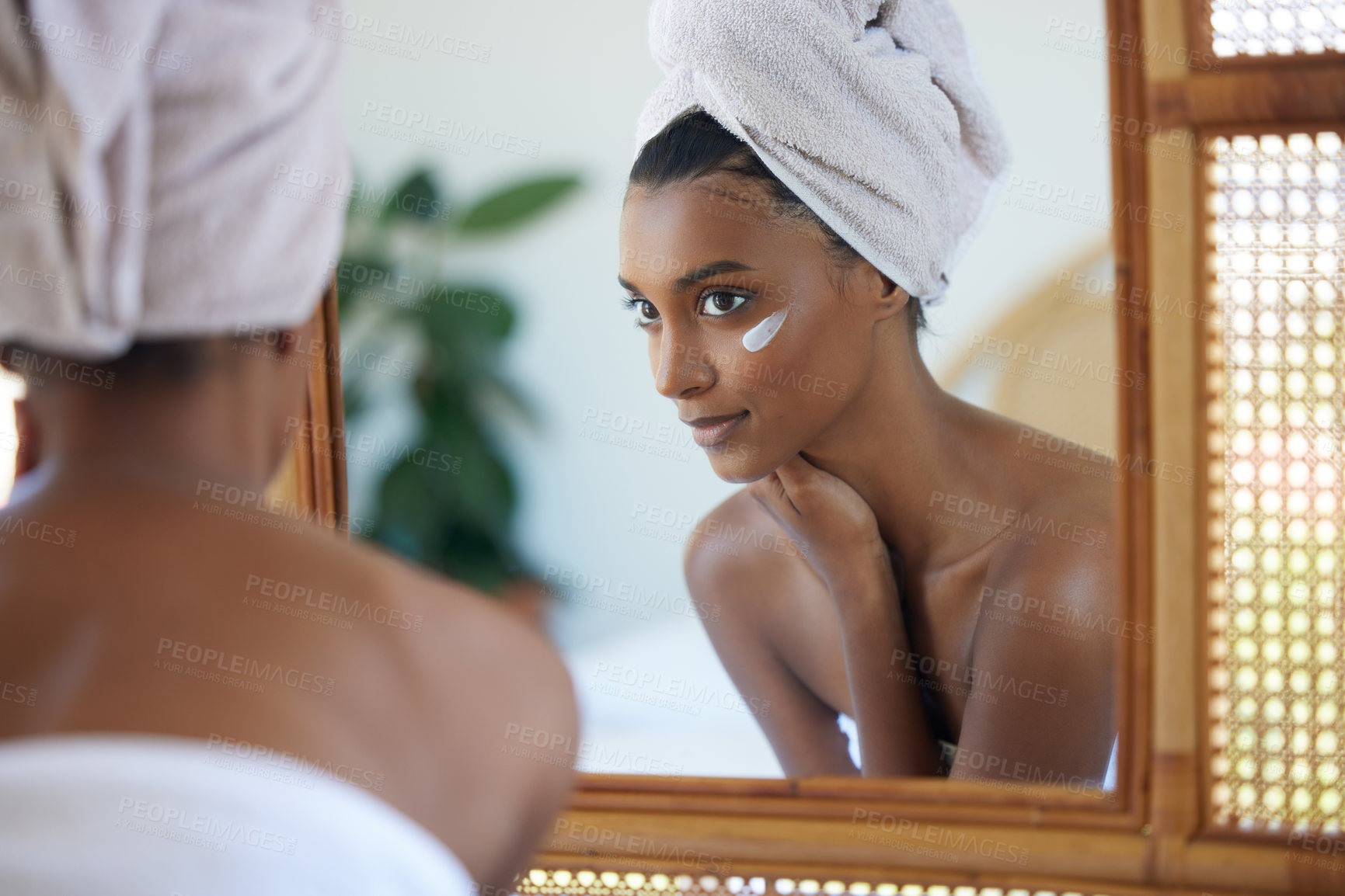 Buy stock photo Cream, mirror or reflection of woman in bathroom for self care, cleaning or washing face at home, house or apartment. Product, gen z girl or natural glow of student with aesthetic, facial or skincare