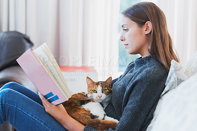 Buy stock photo Shot of a young woman reading a book with a cat on her lap at home