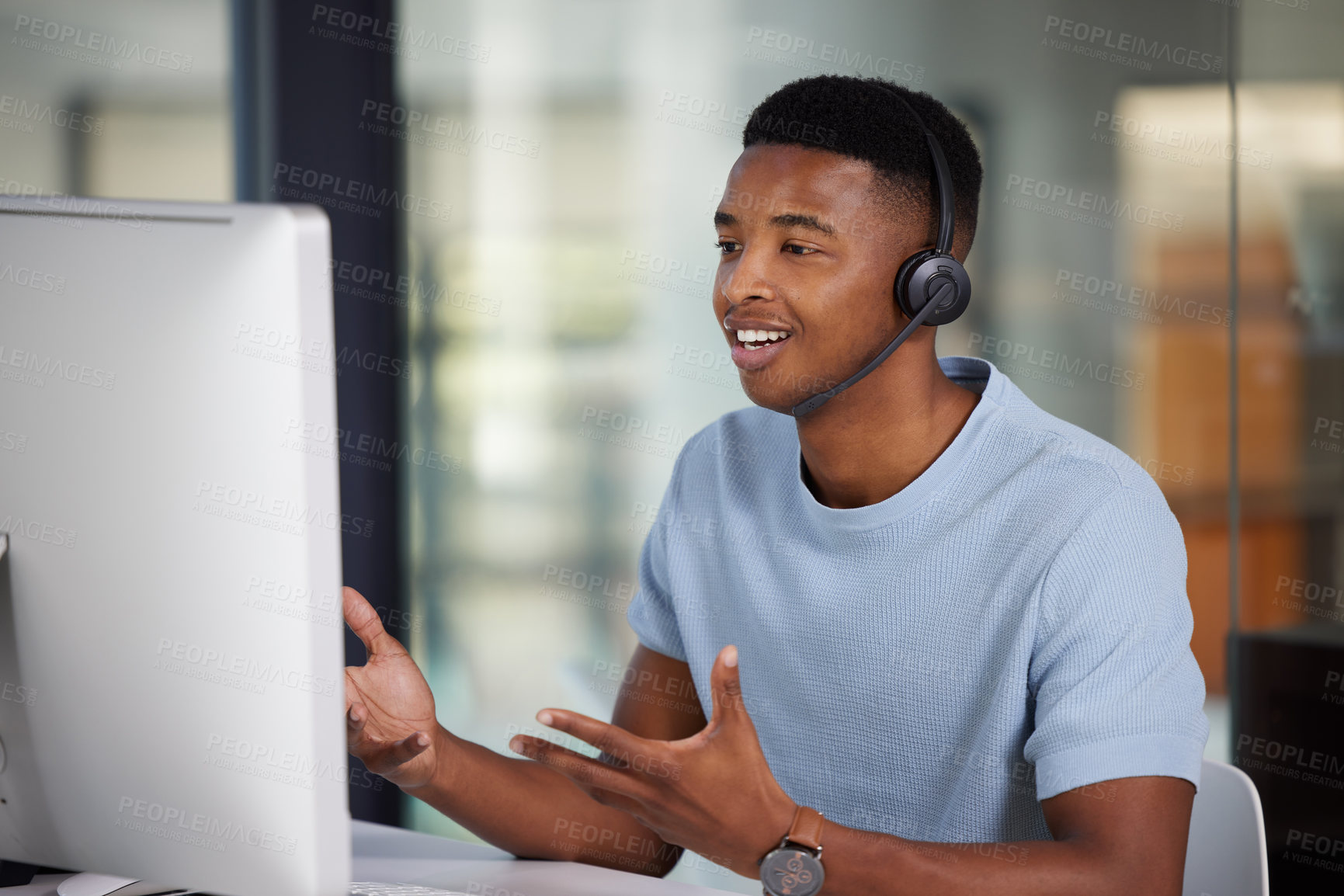 Buy stock photo Call center, man talking and computer for customer service, crm and support or advice. Happy black male person, consultant or agent with a headset for help desk, sales and telemarketing with internet