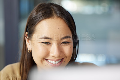 Buy stock photo Smile, call centre and agent for Asian woman employee, face and communications or support for customer service. Technology, happy and office for virtual help, business sales or telemarketing and CRM
