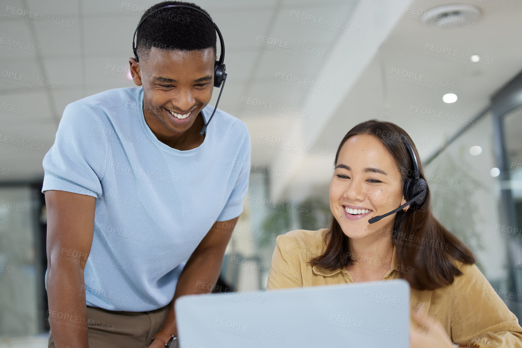 Buy stock photo Telemarketing, customer support and manager helping an agent with crm communication in the office. Contact us, headset and call center consultants working on online consultation together in workplace