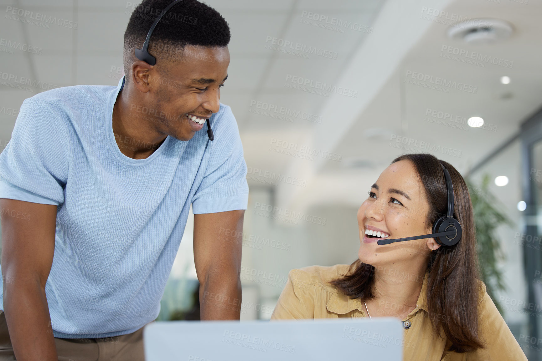 Buy stock photo Call center, help and customer service agents in discussion on crm communication in the office. Contact us, headset and telemarketing consultants working on online consultation together in workplace.