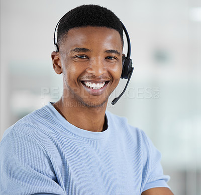 Buy stock photo Portrait, customer service and arms crossed with a black man consultant standing in his office for support. Call center, contact us and trust with a happy male telemarketing employee in the office
