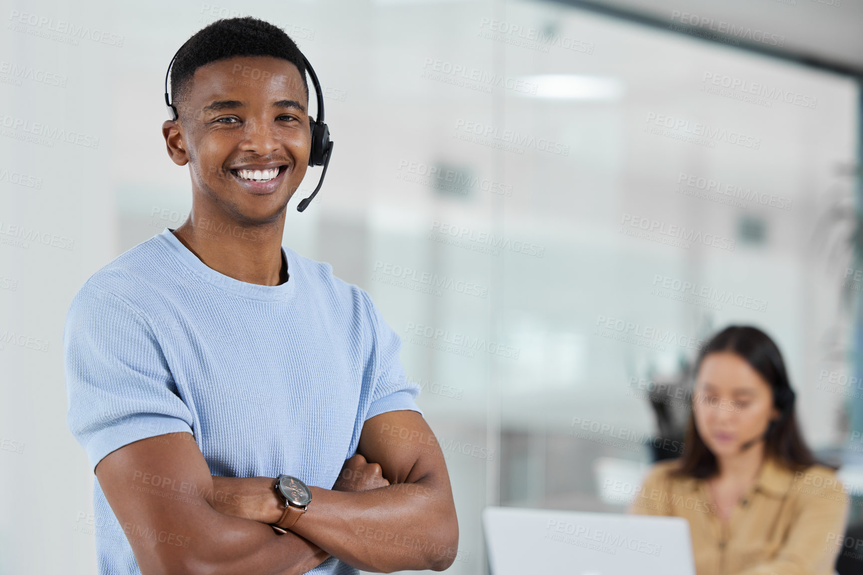 Buy stock photo Portrait, call center and arms crossed with a black man consultant standing in his office for support. Customer service, contact us and trust with a happy male telemarketing employee in the office