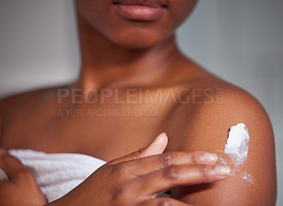 Buy stock photo Body care, skin and closeup of woman with lotion for moisturizing, health and wellness. Cosmetics, creme and zoom of a female person with spf, sunscreen or moisturizer after a shower in the bathroom.