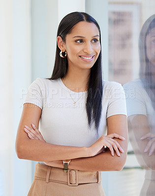 Buy stock photo Indian woman, business and thinking at office window with arms crossed, interior designer or brainstorming. Female person, smile and creative agency for vision with thoughts, solution or planning