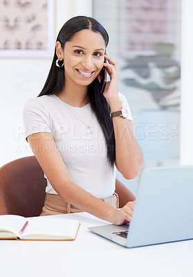 Buy stock photo Indian woman, portrait and phone call at laptop in office as web designer at creative agency, networking or startup. Female person, notebook and cellphone at desk for market research, graphic or chat