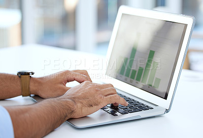 Buy stock photo Hands, laptop and typing with graphs on screen, enter data on spreadsheet and analyst for analytics and research. Business person with analysis, information and statistics for financial report