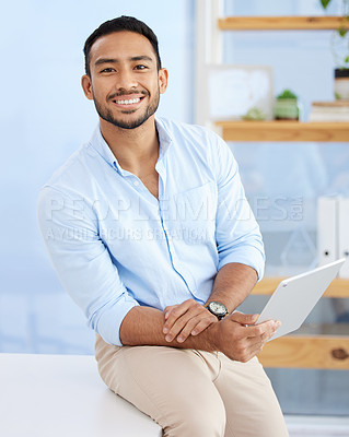 Buy stock photo Portrait, man and smile with tablet in office, IT consultant with network maintenance or software update. Happy, professional and computer software engineering with tech support and cybersecurity