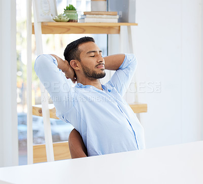 Buy stock photo Businessman, relax and calm in office for peace, stress free and daydreaming of startup corporate company. Worker, rest and happy on break in workplace, target goal and project completed by deadline.