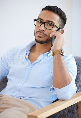 Buy stock photo Man, phone call and portrait in office at startup for conversation, deal or contact at company. Entrepreneur, business owner and cellphone for networking, negotiation or chat at creative media agency