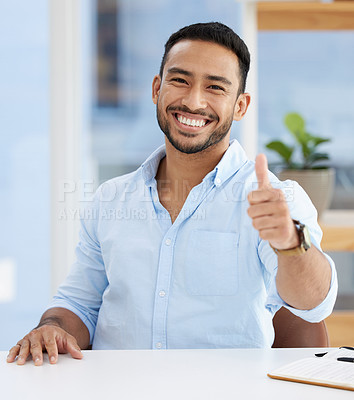 Buy stock photo Portrait, man and thumbs up in office for agreement or support, hand gesture for success and approval. Feedback, review and like emoji with yes for business growth, satisfaction with pride and praise