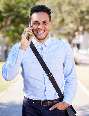 Buy stock photo Cellphone, portrait and man in city with phone call for business networking and commute to corporate company. Businessman or entrepreneur, happy and smartphone for communication and professional.