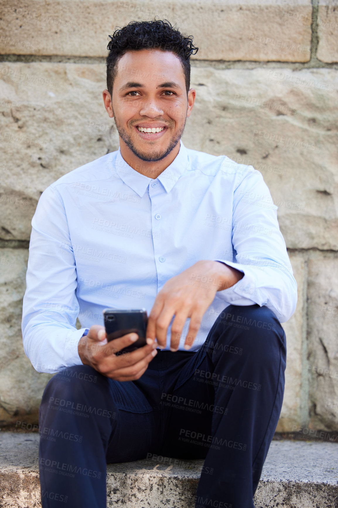 Buy stock photo Happy man, portrait and communication with phone in city for online chat, news or browsing social media. Handsome or young male person with smile on mobile smartphone for business or research in town