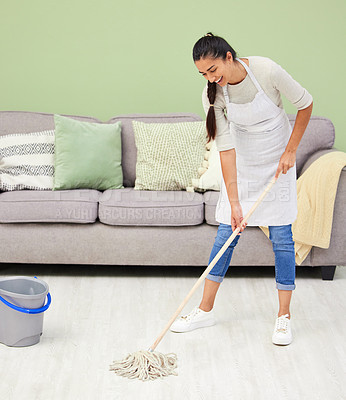 Buy stock photo Woman, happy and mop floor for cleaning, hygiene and thinking to stop germs, bacteria and dust in home. Person, smile and housework in apartment for dirt, sanitation and disinfection in living room