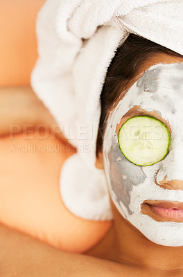 Buy stock photo House, beauty or woman with face mask, cucumber for cleaning, detox or healthy facial treatment routine. Spa, above or girl with antiaging skincare, wellness or cosmetics for hydration or vitamins 