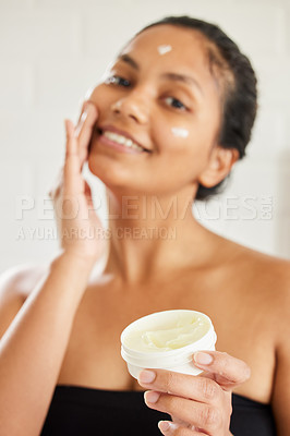 Buy stock photo Indian woman, portrait and skincare product for healthy facial or application for mask, lotion or eczema. Female person, face and container for sunscreen with beauty cream, cosmetics or self care