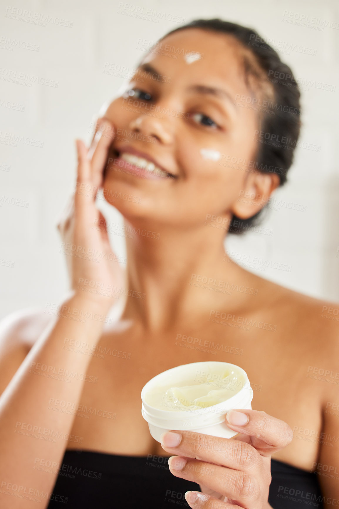 Buy stock photo Indian woman, portrait and skincare product for healthy facial or application for mask, lotion or eczema. Female person, face and container for sunscreen with beauty cream, cosmetics or self care