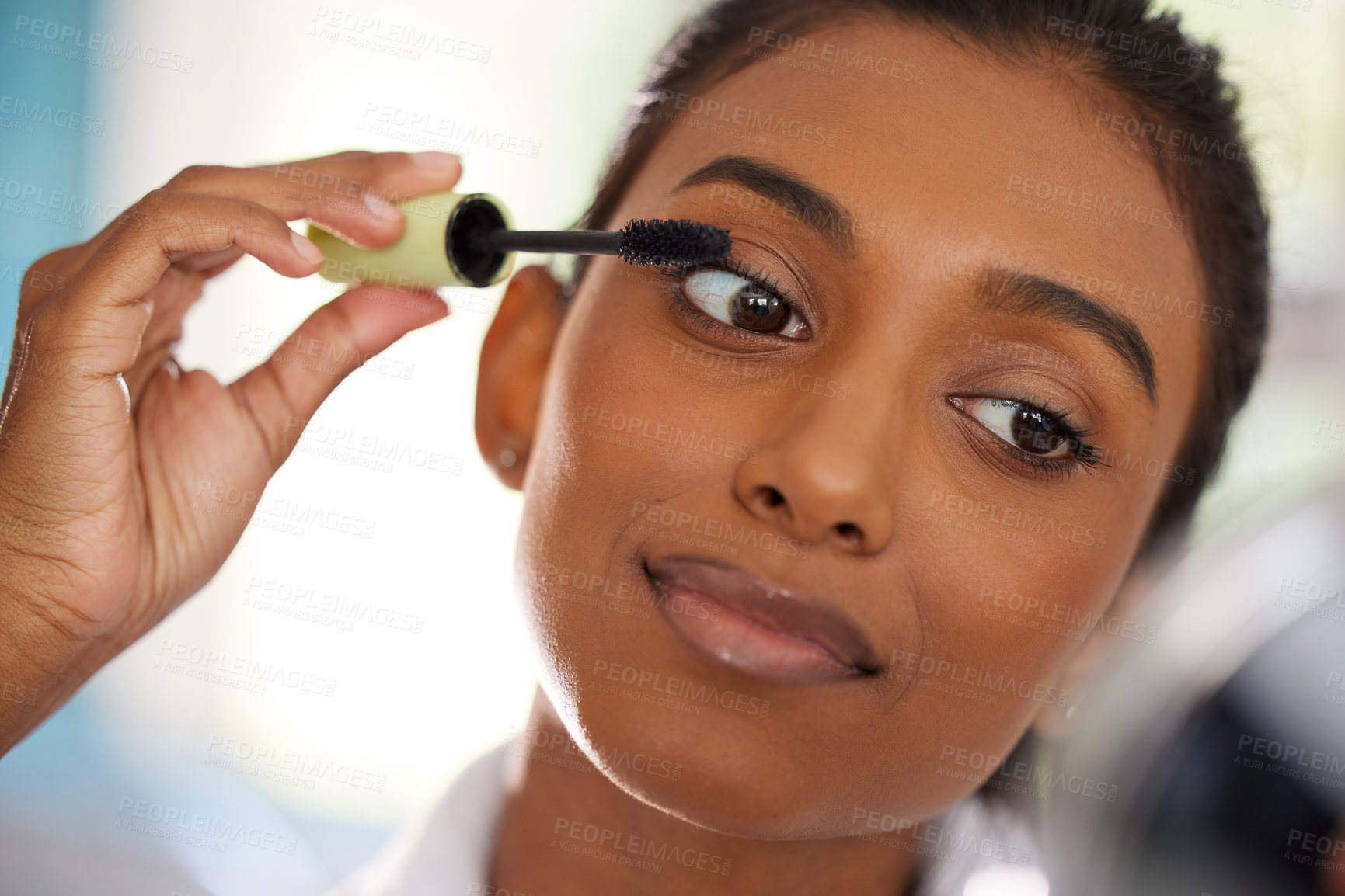 Buy stock photo Face, woman with mascara and makeup routine for beauty skincare at her home. Cosmetics or wellness, dermatology or self care and closeup female person with protection brush for eyelashes at her house